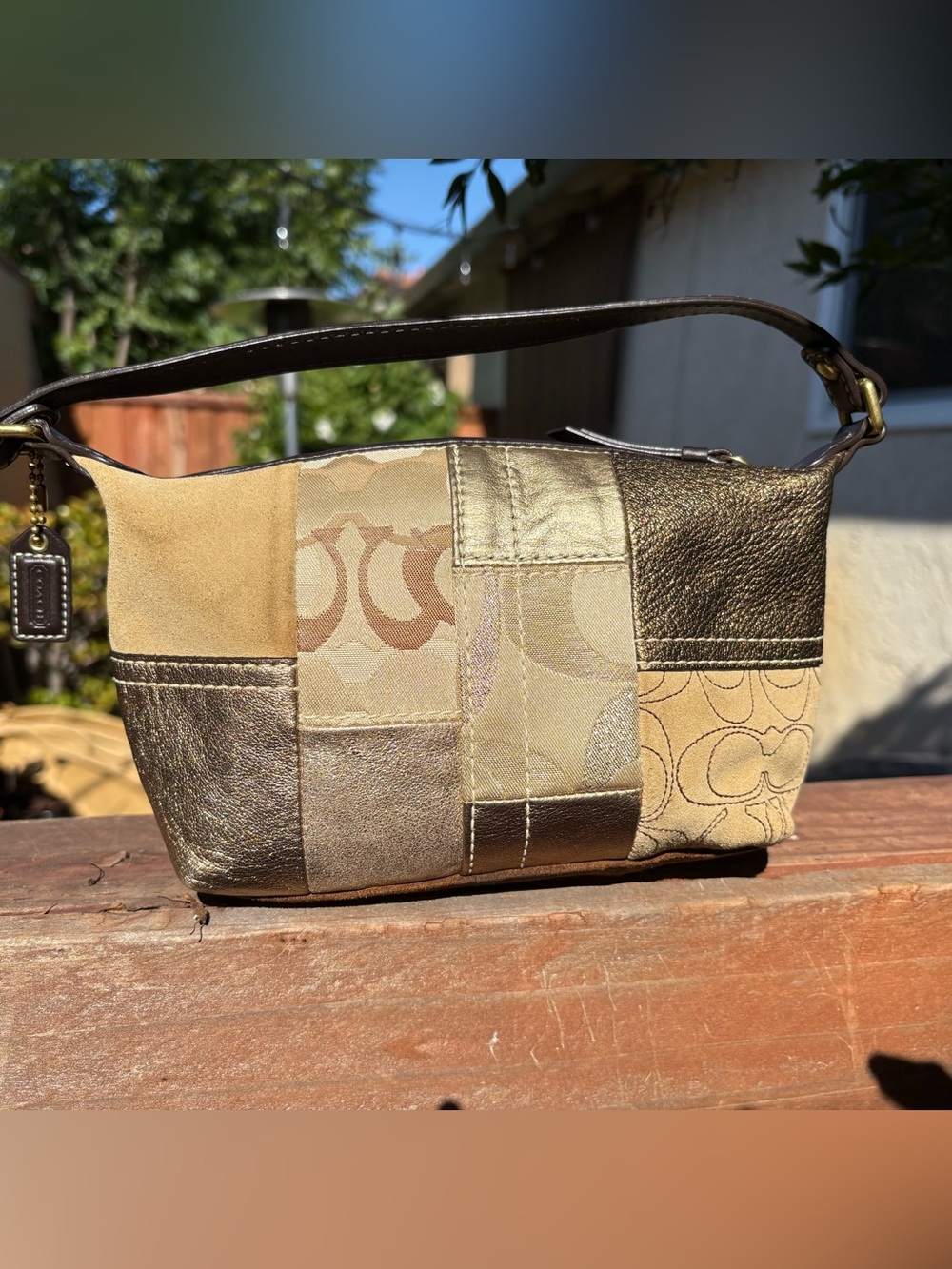 Coach Patchwork Shoulder Bag Y2K Gold Brown Suede Leather Signature Mini - Picture 2 of 9